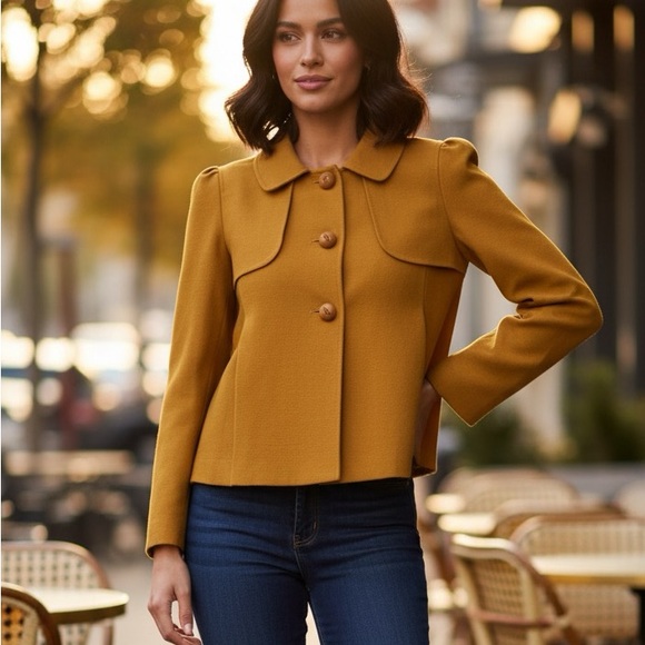 Dialogue Anthro jacket coat mustard yellow cape pleated 70s fashion fun rare S - Picture 3 of 16